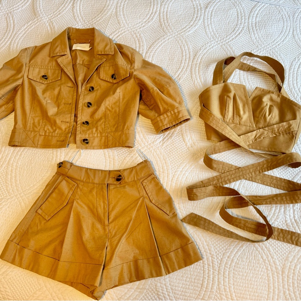 Zimmermann SET -Postcard Wrap-effect Cotton-twill Bustier Top - Shorts and Coat.